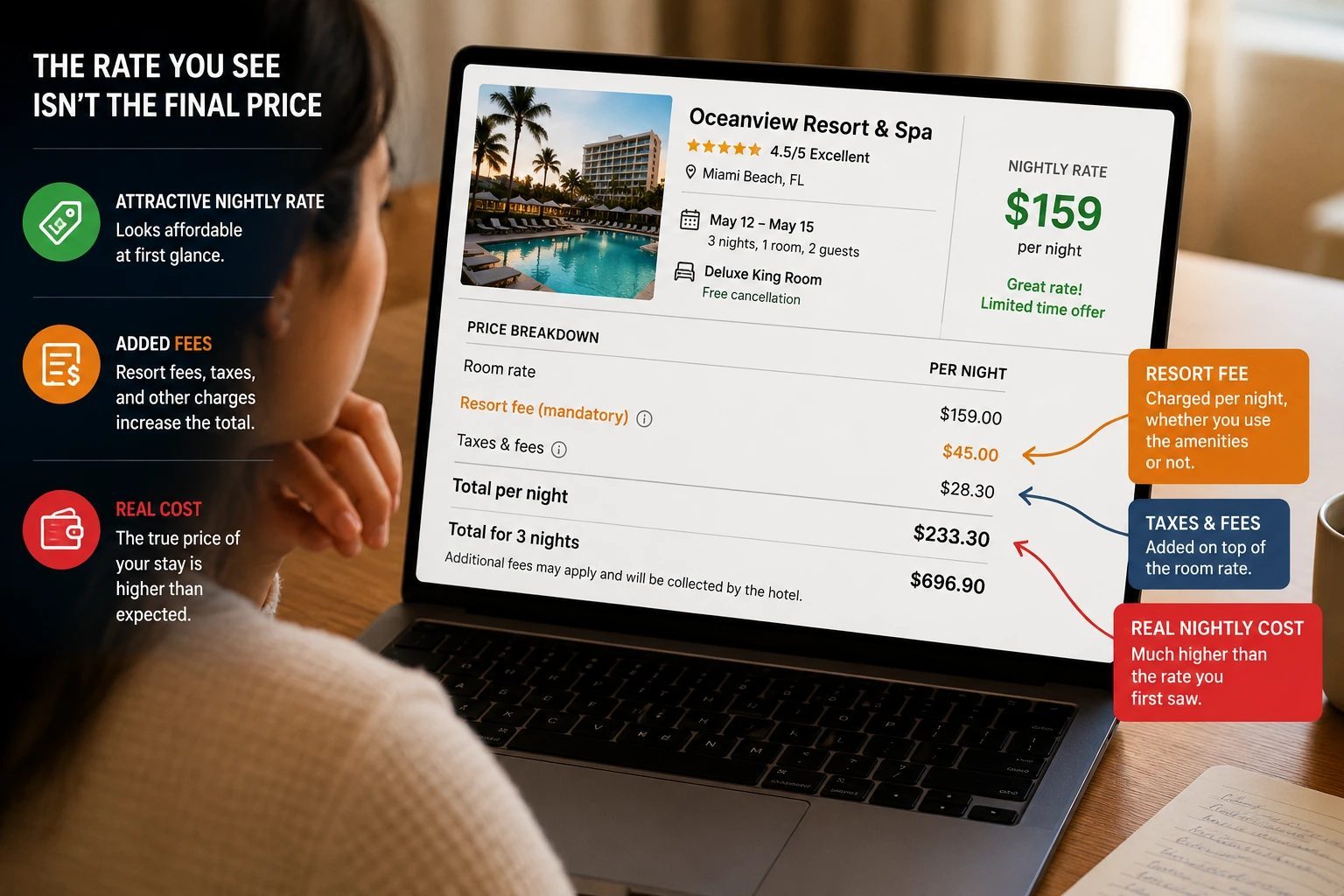 Hotel guest reviewing breakfast options and pricing compared to nearby cafes
