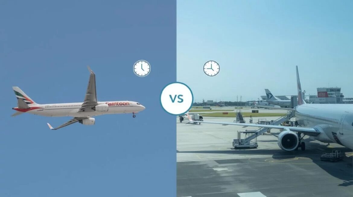 A split image showing a non stop airplane flying straight versus a plane making a layover at another airport with simple icons for time and cost