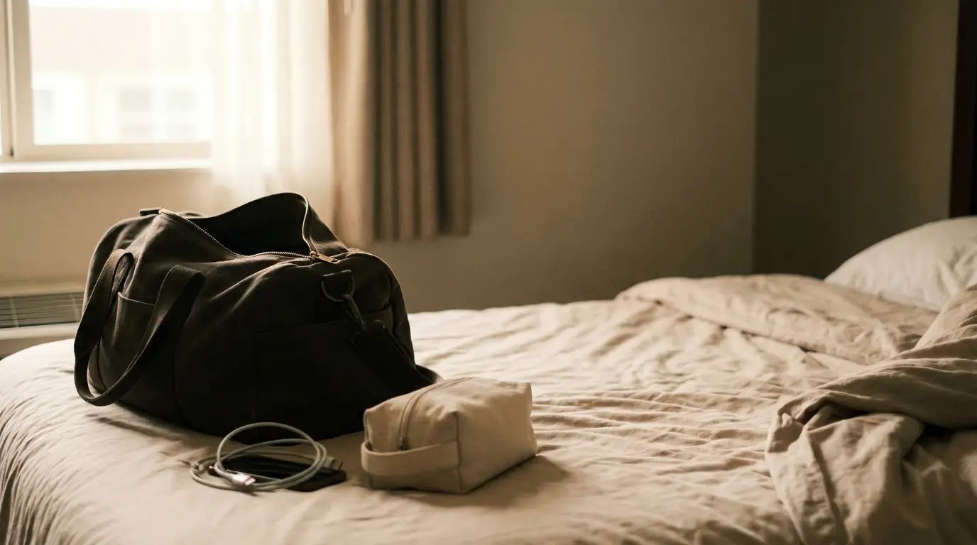 Duffel bag and toiletries on an unmade hotel bed, symbolizing temporary stays and transition costs