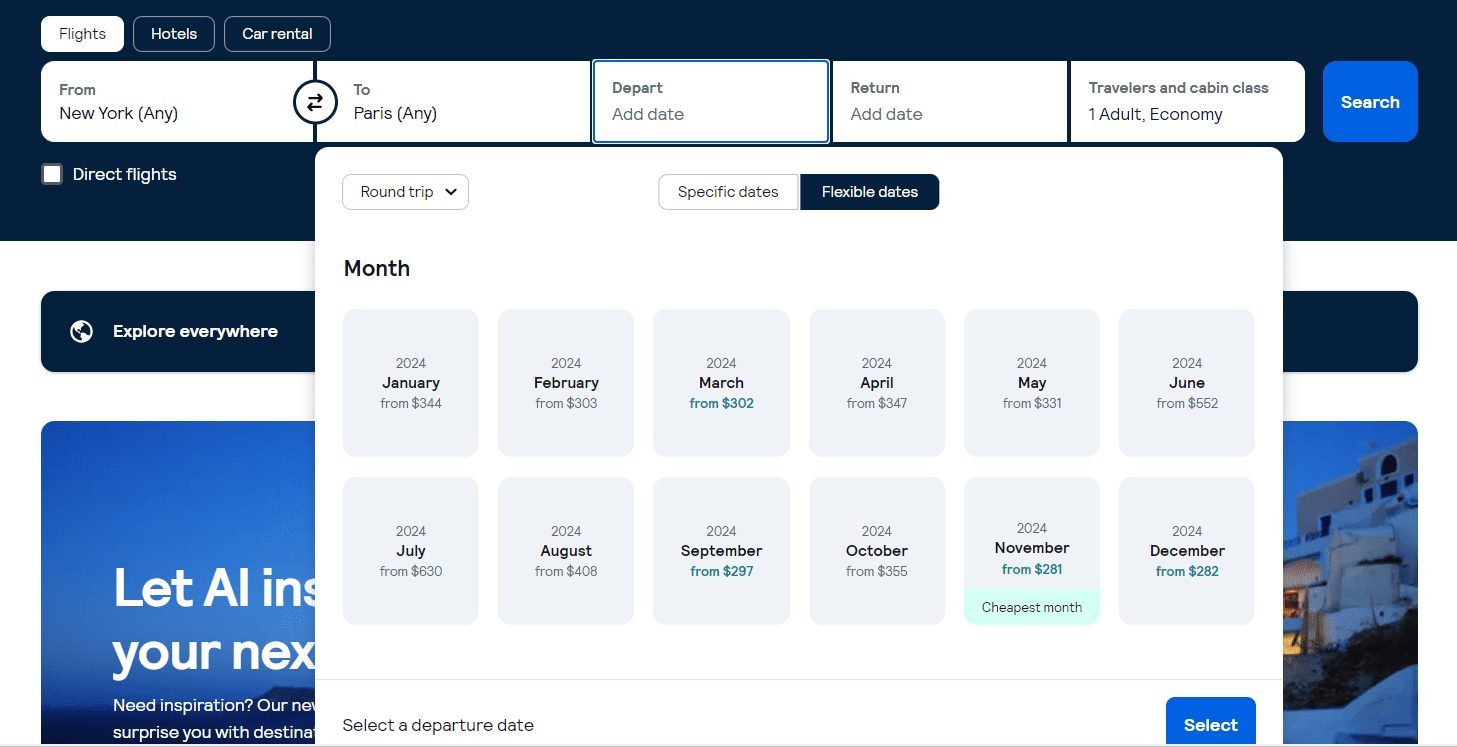 Screenshot of Skyscanner website showing month by month prices for a roundtrip flight from NYC to Paris