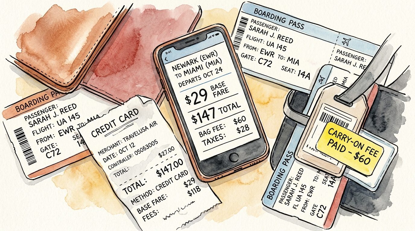 Watercolor illustration for budget airline hidden fees exposed