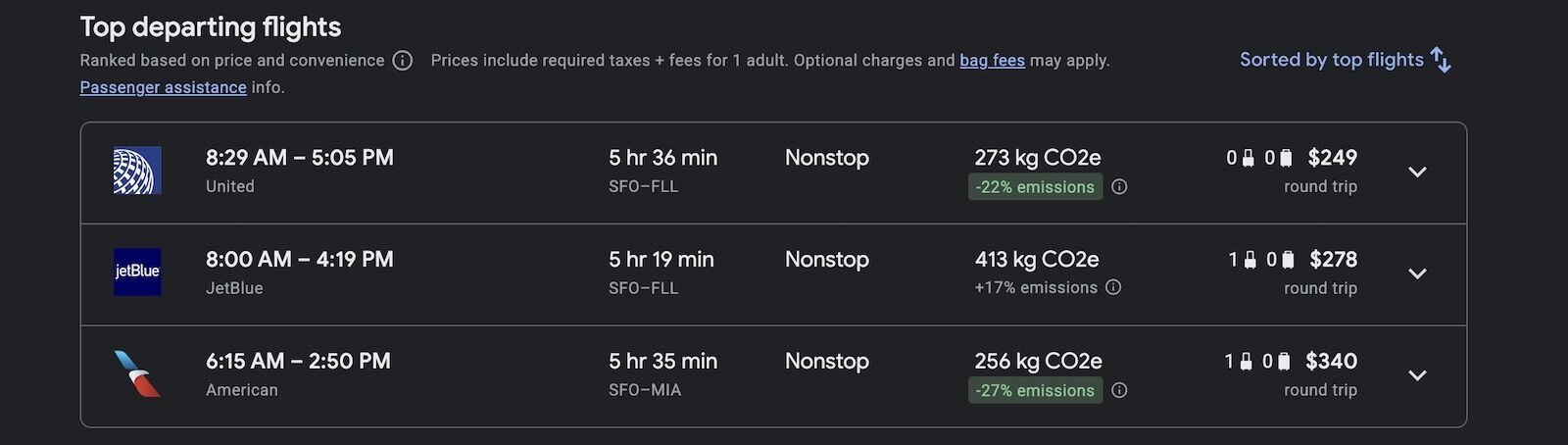screenshot of Google Flights info