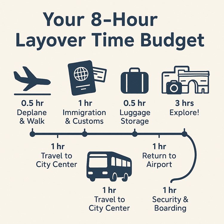 An infographic breaking down the time needed to safely leave the airport during an 8-hour layover.