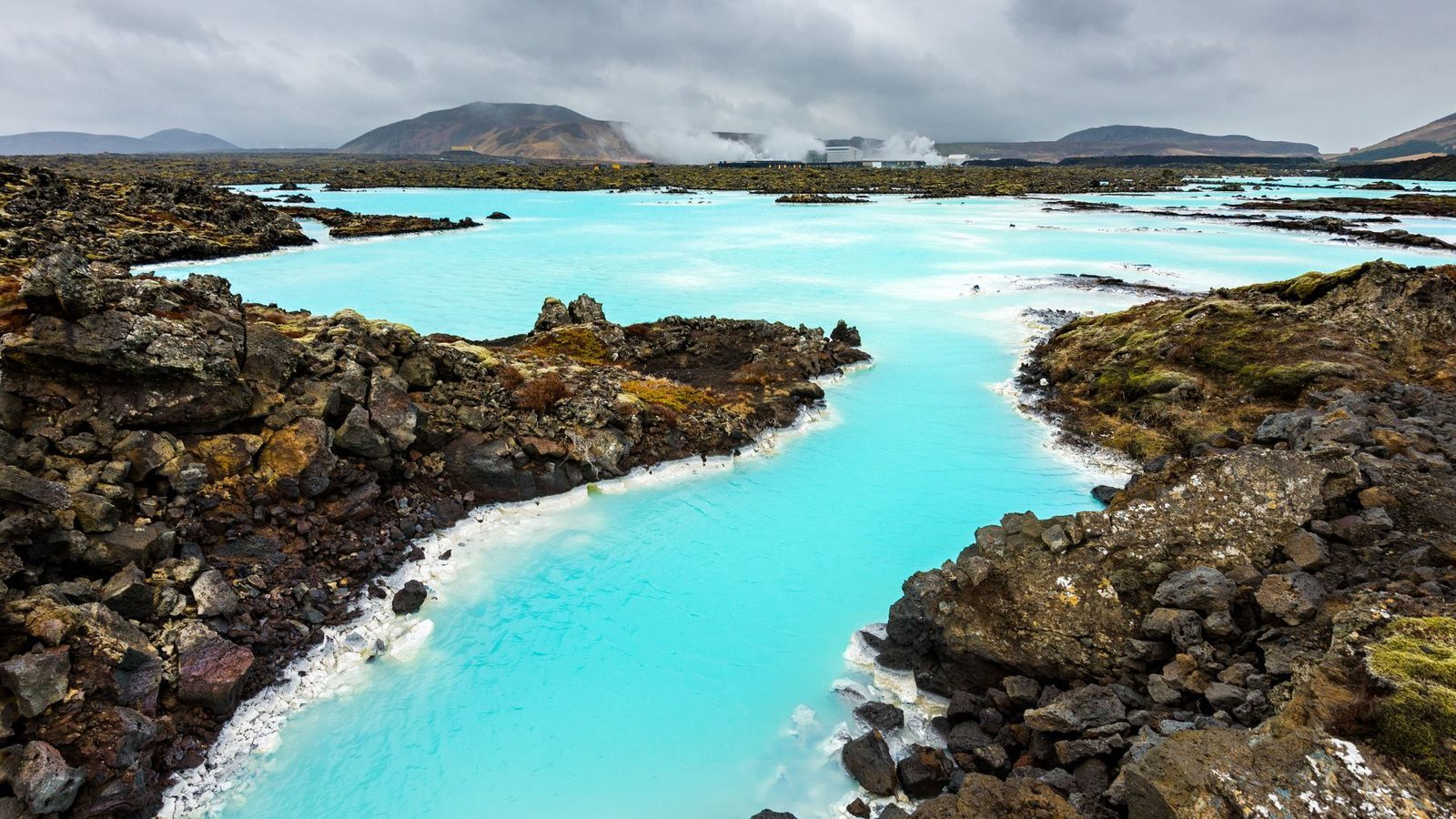 Milky-blue water of Iceland's Blue Lagoon winding through black lava fields, showing a famous but often crowded Instagram spot.