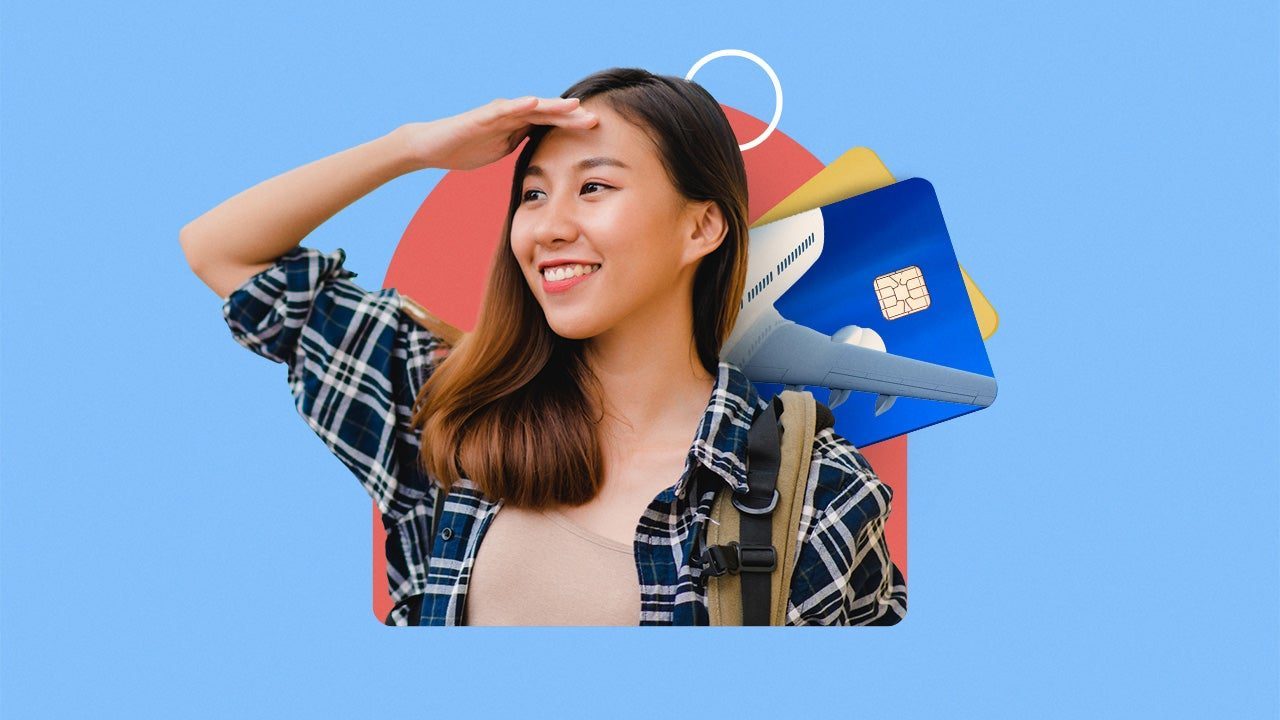 A young woman looking stressed with an airplane wing and credit card imagery behind her