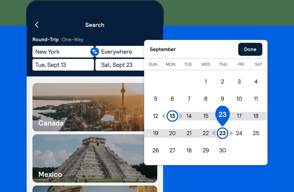 Skyscanner Everywhere search showing flexible destination options