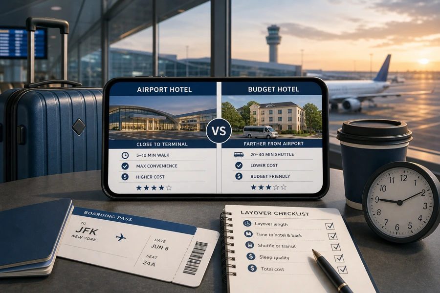 Editorial illustration of an airport terminal seat beside two hotel options on a phone, a suitcase, clock, and comparison checklist