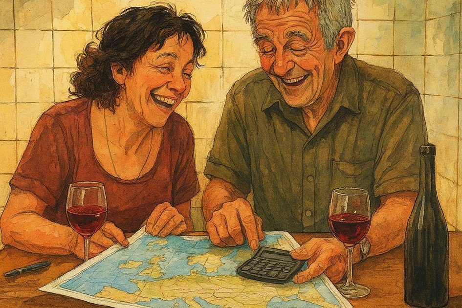 Happy couple budgeting for a trip to Europe with wine and a map