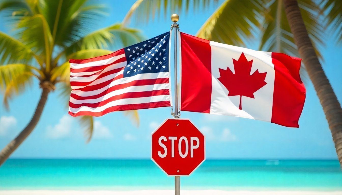 USA and Canada flags in a tropical Hawaii beach destination with a STOP sign