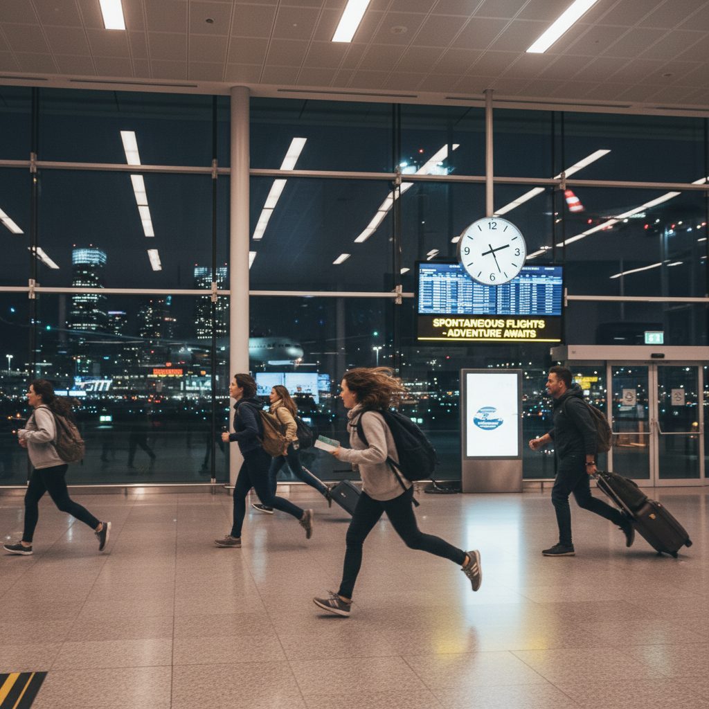 Urban traveler rushing through empty airport at night, capturing the feeling of impulsive last-minute flights