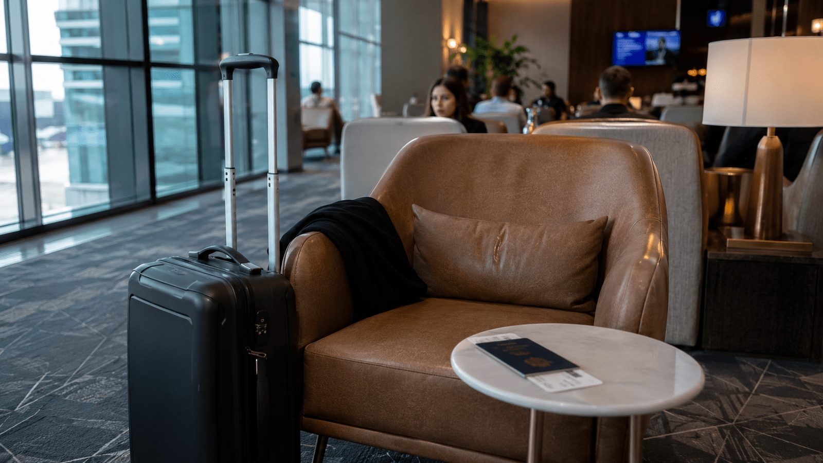 Airport lounge with a leather armchair, carry-on suitcase, passport, and boarding pass on a table, creating a calm pre-flight travel scene.