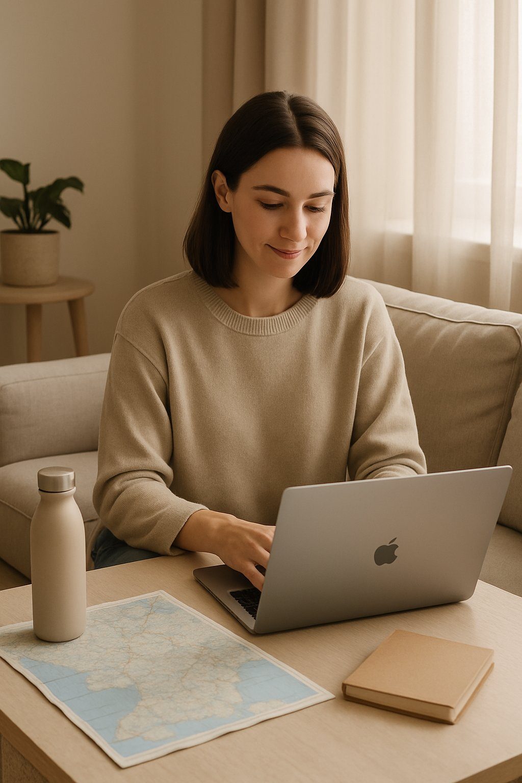 A woman sitting on a sofa planning a road trip with a laptop, map, and travel items in a softly lit living room.