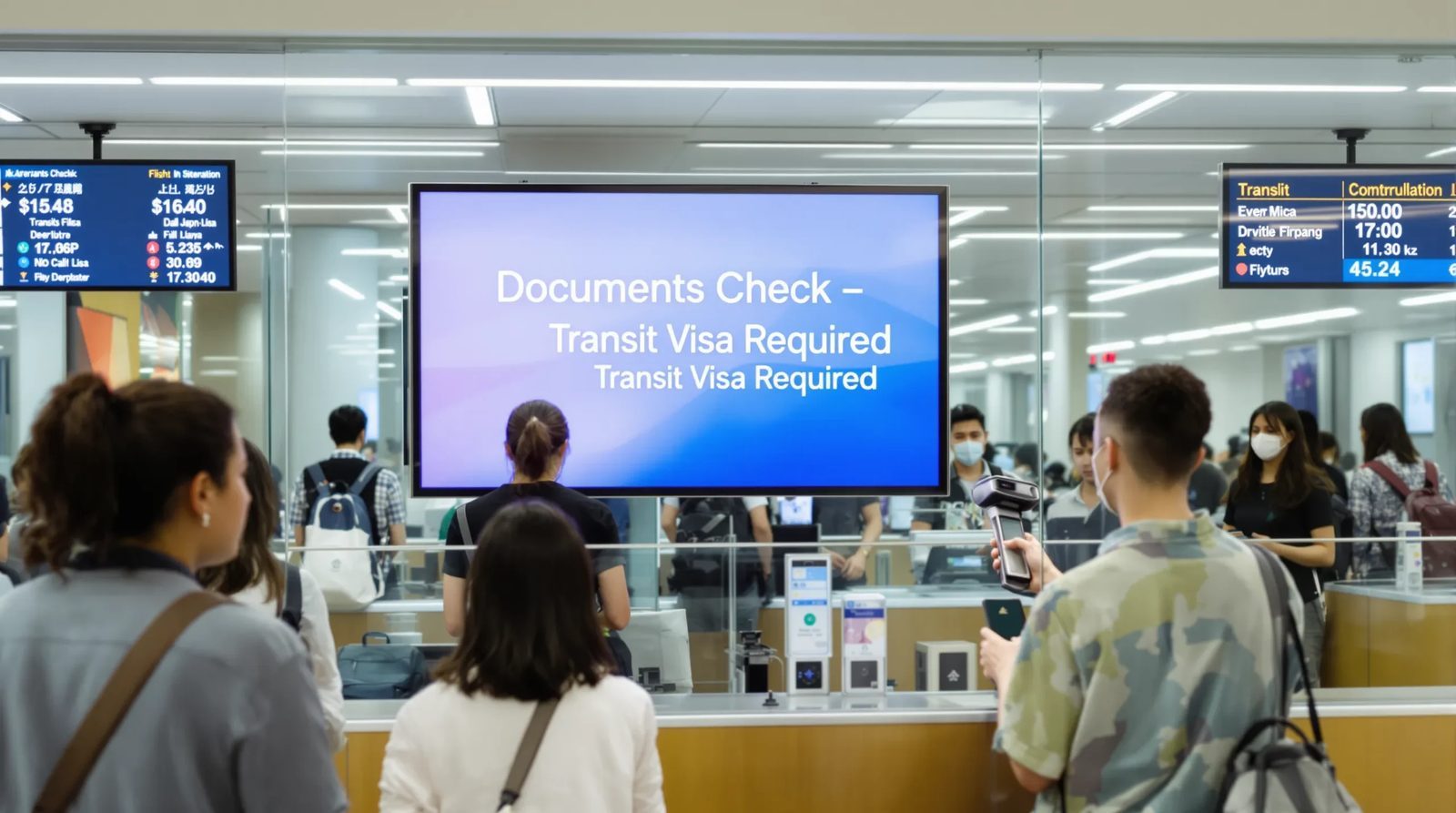Travelers lining up at an airline check-in desk. A display behind the counter shows “Documents Check – Transit Visa Required” while an agent scans a printed eVisa.