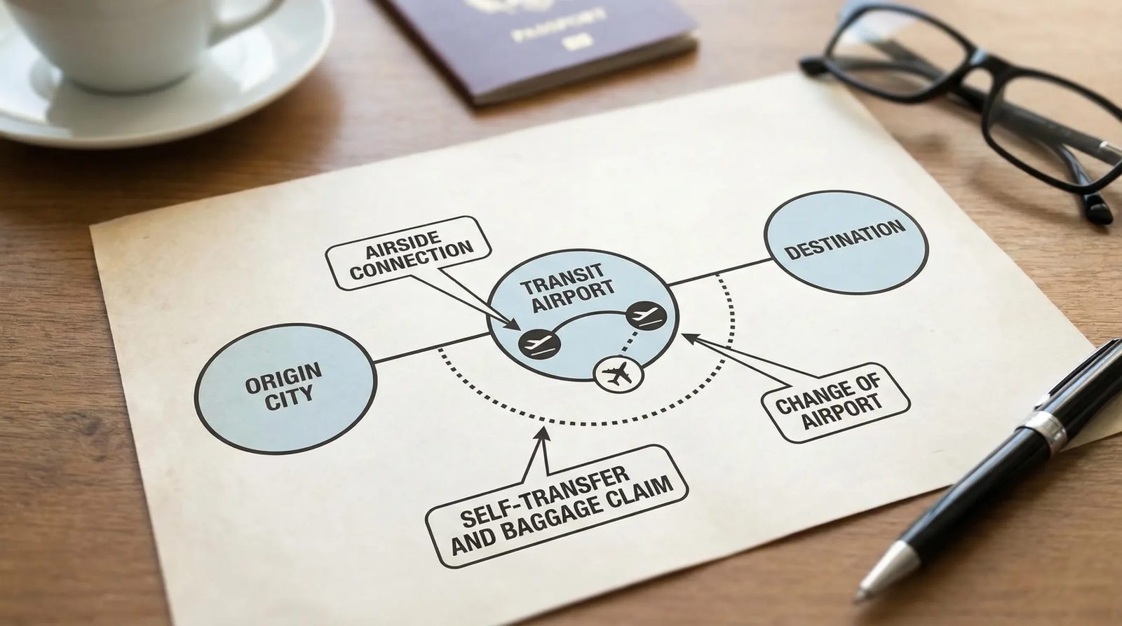 A simple travel route diagram showing an origin city, a transit airport, and a destination, with callouts for airside connection, self-transfer and baggage claim, and change of airport.