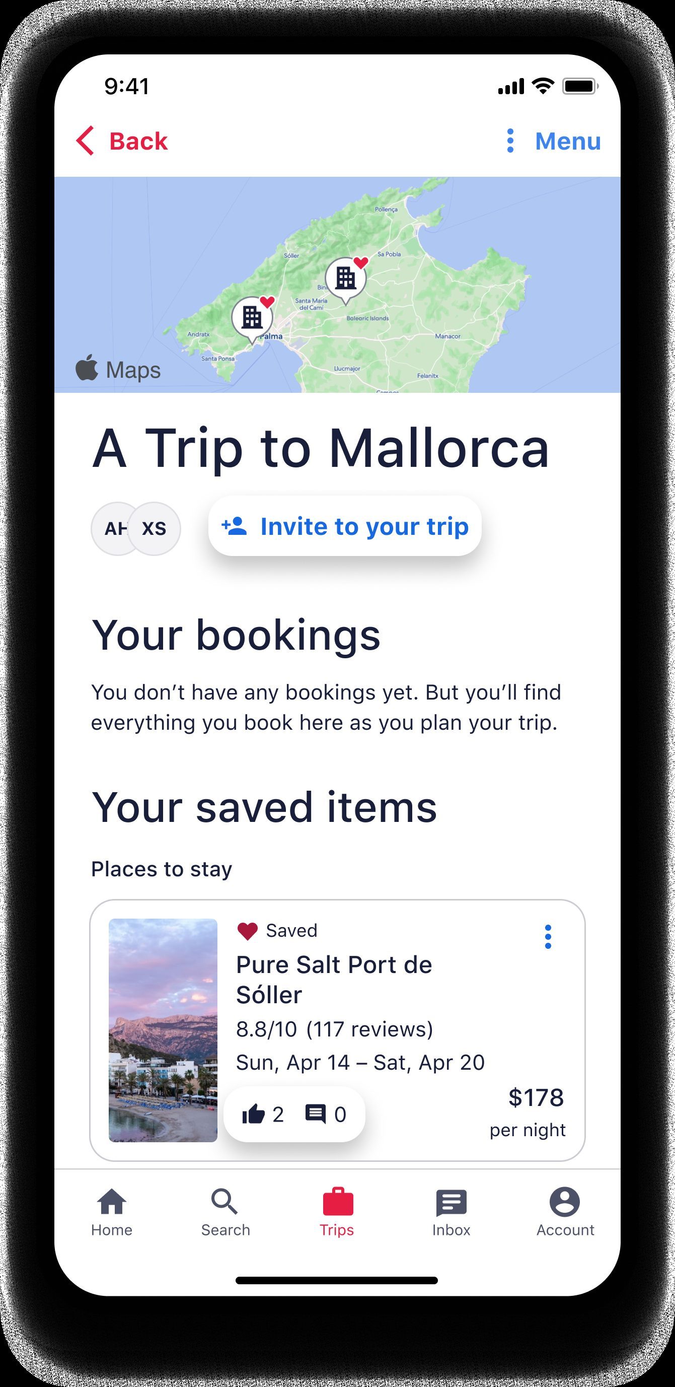 Collaborative trip planning interface with shared options and comments
