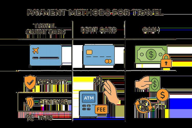 Infographic comparing security, convenience, and fees of credit cards, debit cards, and cash for international travel