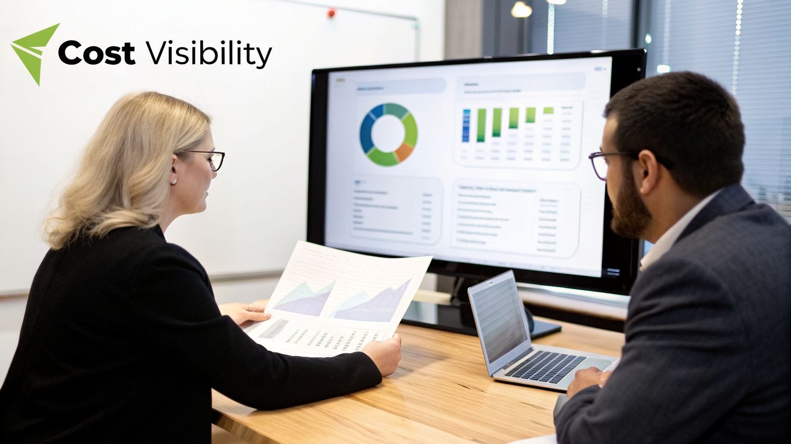 Two business professionals review financial charts and graphs on a large monitor and printed document.