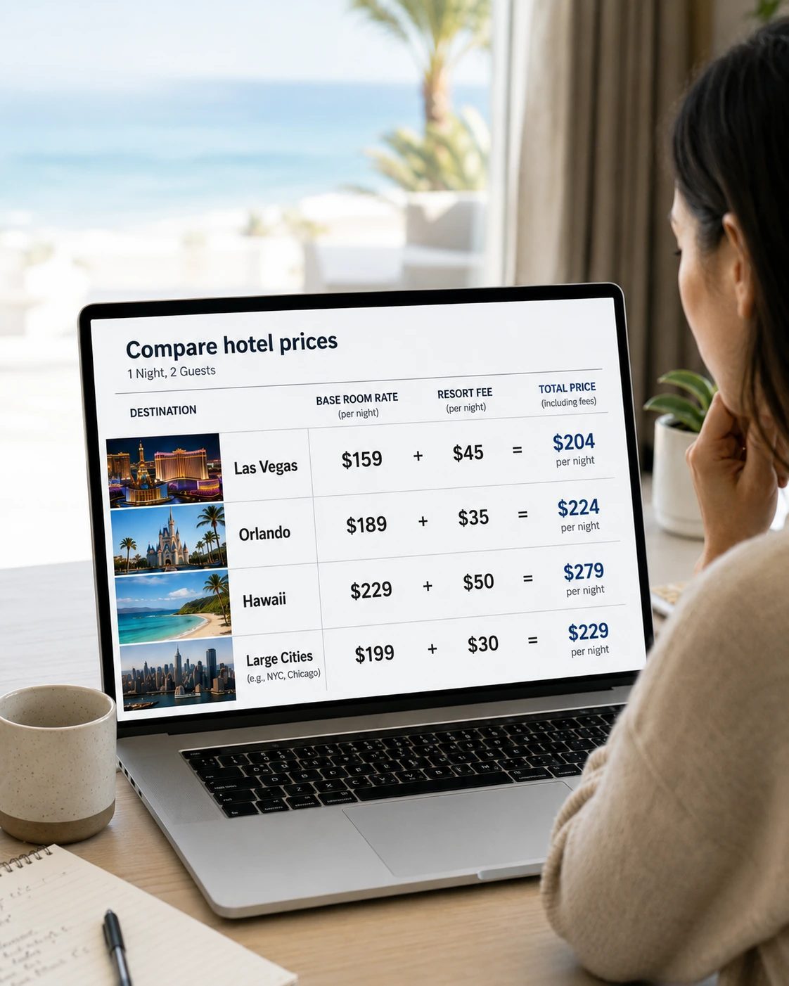 Traveler comparing hotel prices for cities with resort fees added to the nightly rate