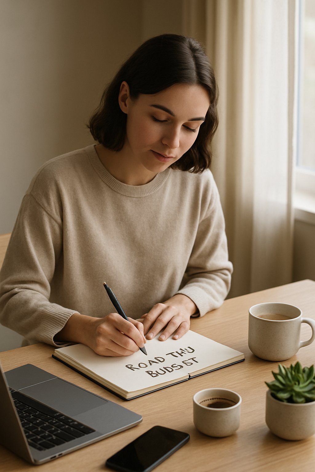 A woman sitting at a wooden table by a window, writing in a notebook with a laptop, smartphone, and coffee nearby.