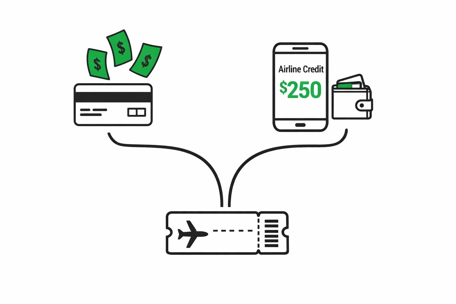 Illustration showing cash refund vs airline credit pathways for flight price drops