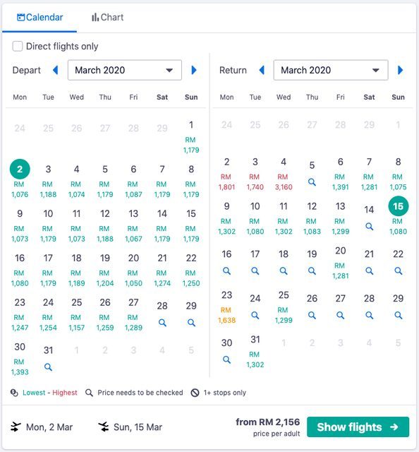 Skyscanner calendar month view highlighting cheapest dates