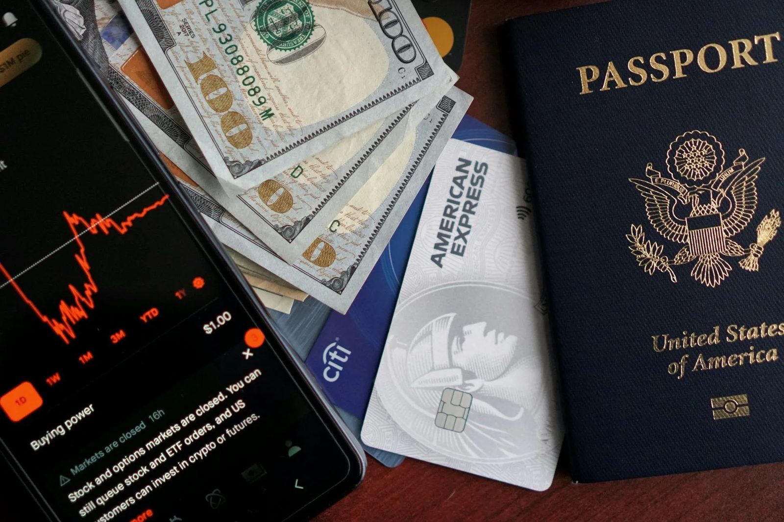 financial travel essentials with passport and cards
