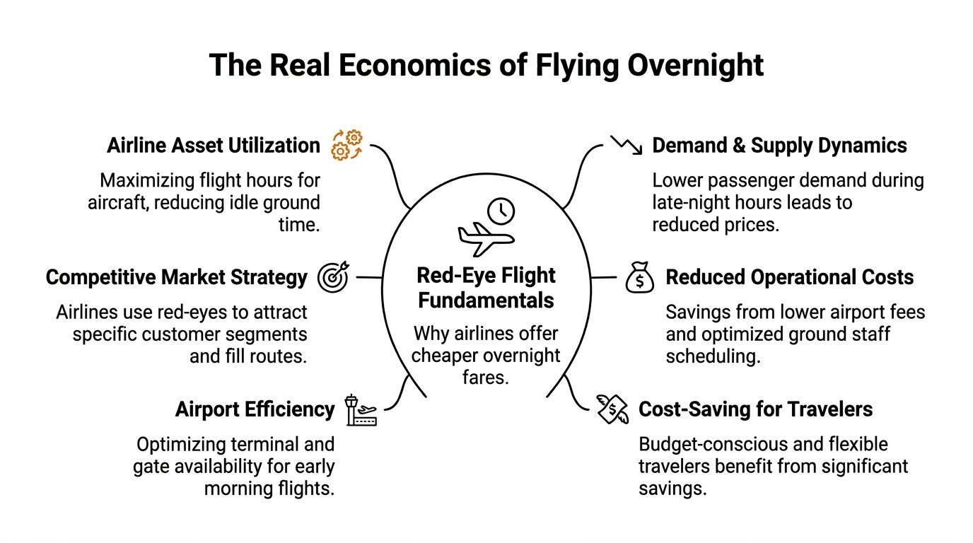An infographic titled The Real Economics of Flying Overnight explaining the reasons behind cheaper red-eye flight prices.