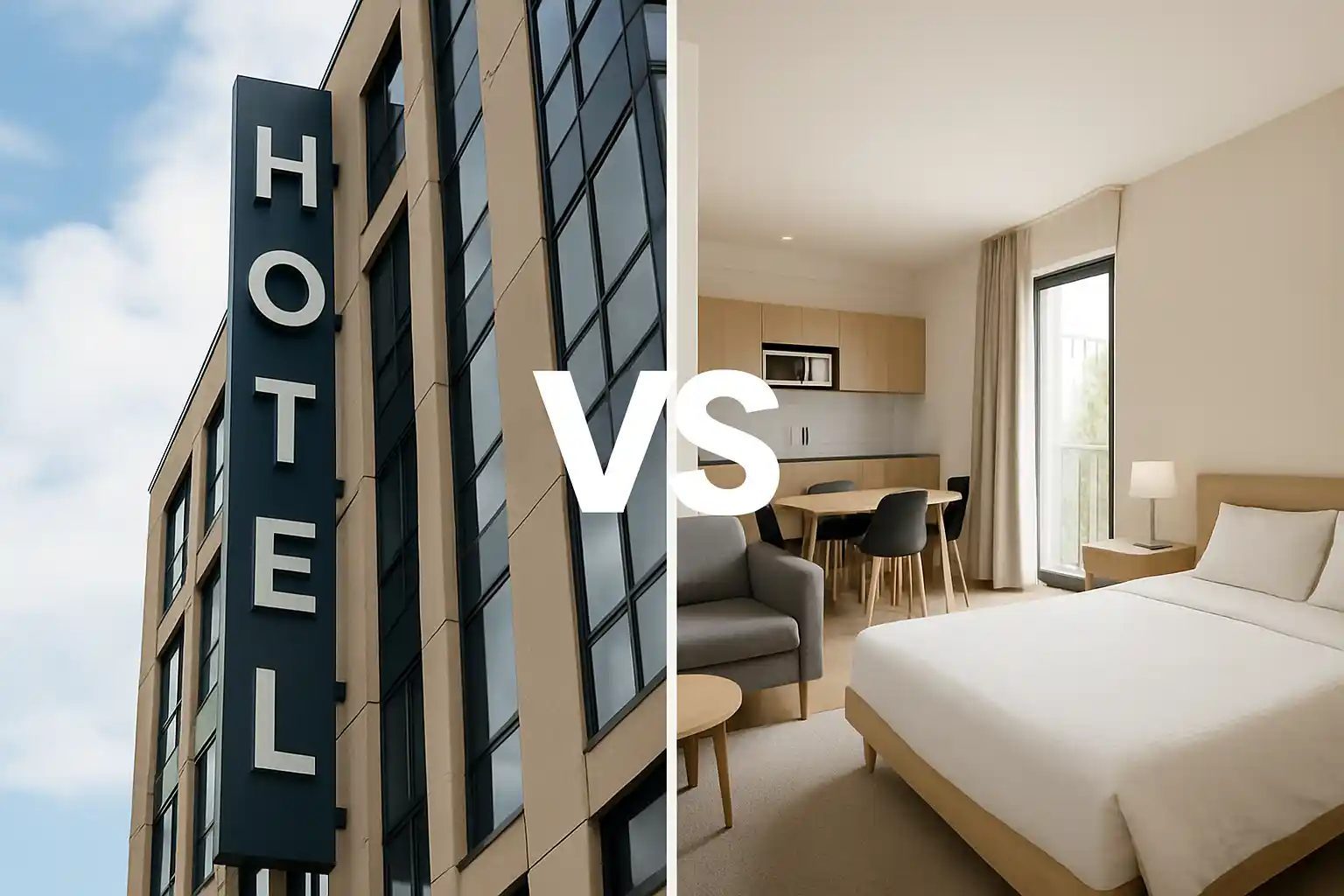 Traveler relaxing in a spacious vacation rental living room compared to a compact hotel room