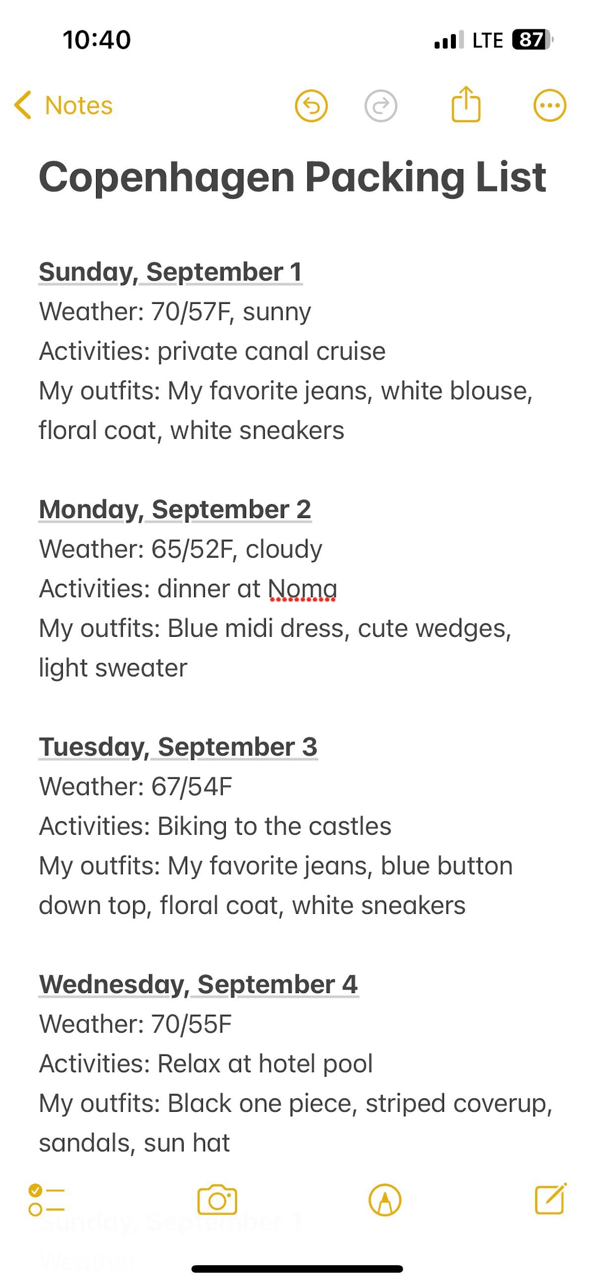 Screenshot of my Notes app where I list my outfit plans for a trip to Copenhagen in Europe. This is exactly how I plan my outfits in advance to pack light for 2 weeks of travel.
