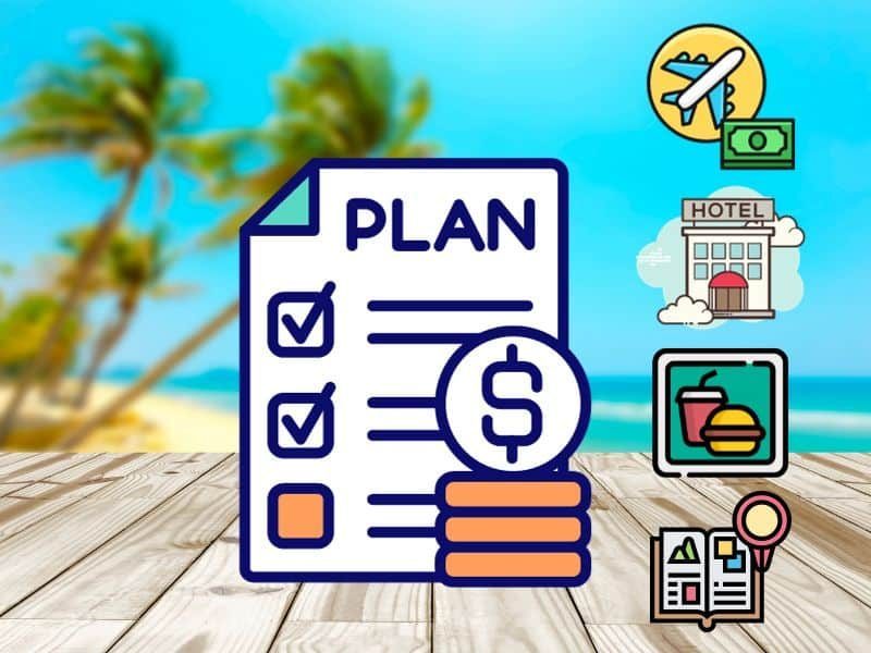 Graphic of a planner sheet with travel icons in front of a tropical beach background.