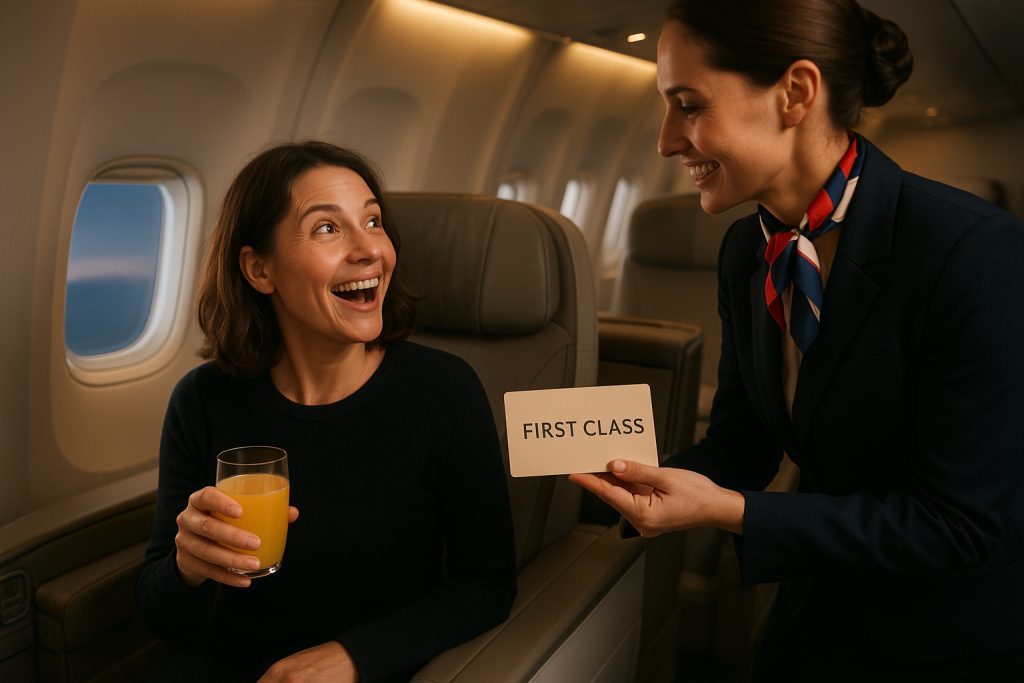 Passenger enjoying a comfortable first-class seat on an airplane, representing the benefits of strategic flight timing and upgrades