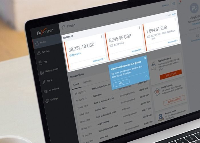 Payoneer style multi-currency account interface