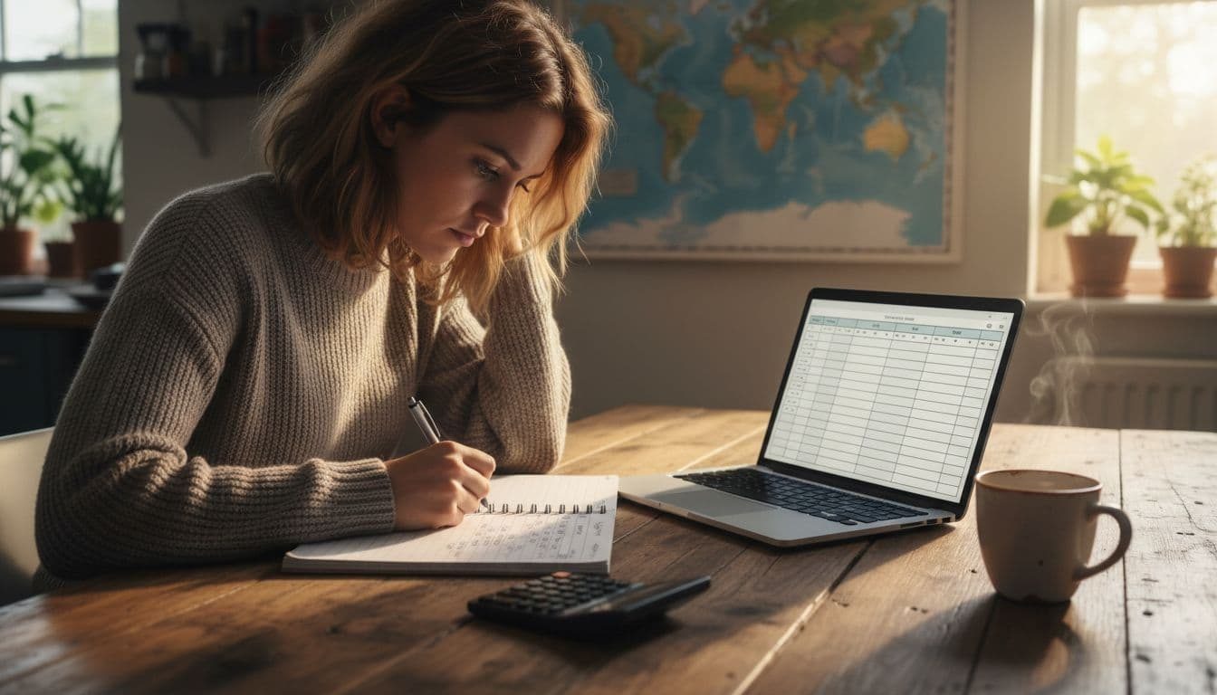 Traveler reviewing a notebook and spreadsheet to track travel budget at a kitchen table