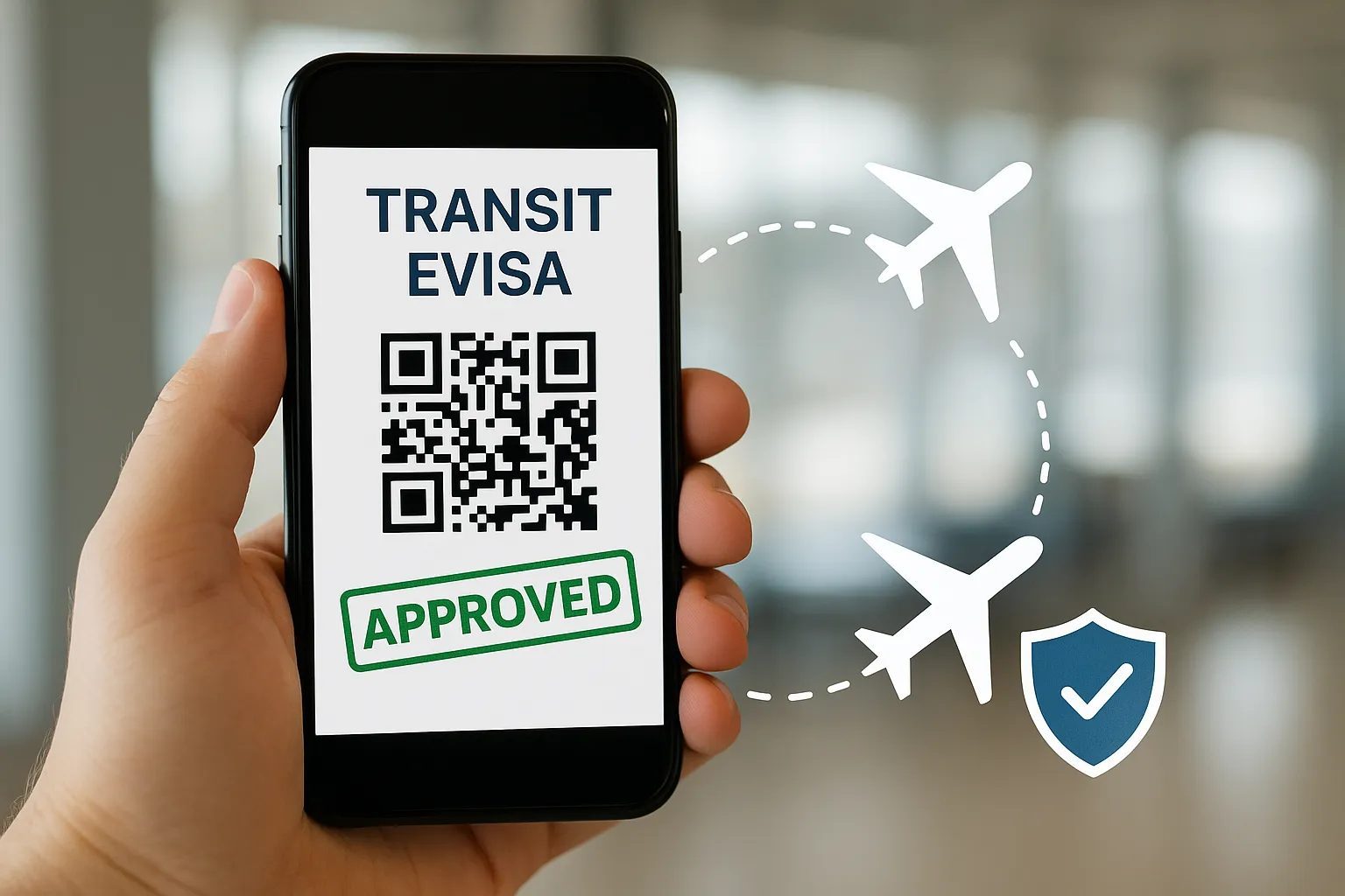 Illustration of a smartphone displaying an approved transit eVisa, overlayed with flight connection icons and a shield symbolizing compliance and security.