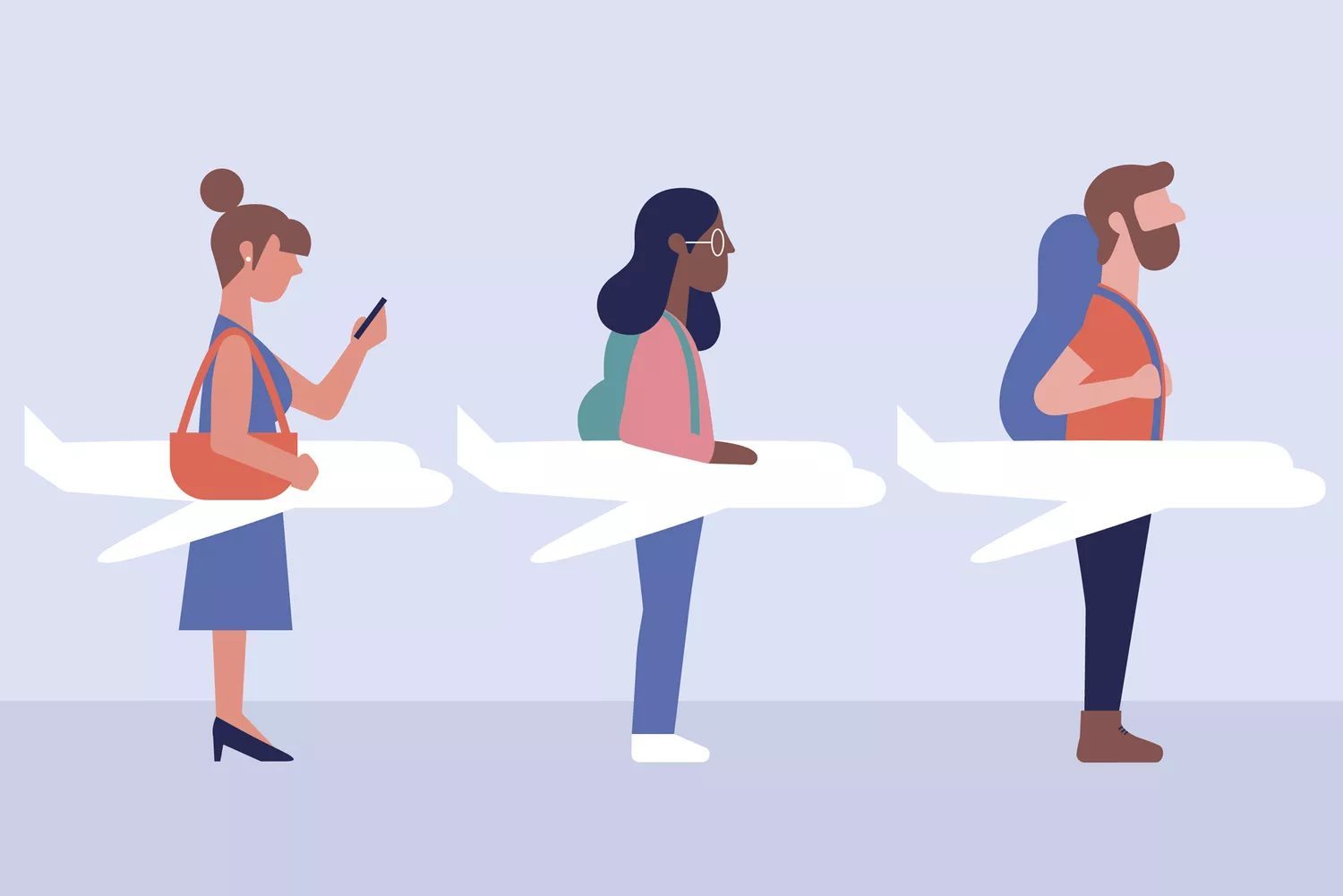 Illustration showing three travelers waiting in a line with planes