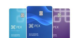 Three PEX payment cards with contactless chips are shown in blue, dark blue, and purple designs, each labeled with PEX and cardholder information.