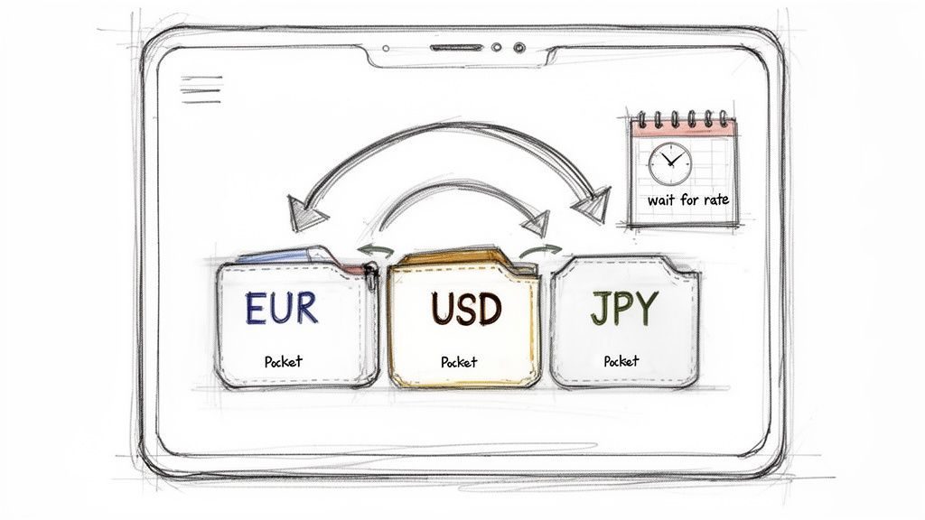 Sketch of a mobile app displaying currency exchange between EUR, USD, and JPY pockets, with a ‘wait for rate’ calendar.