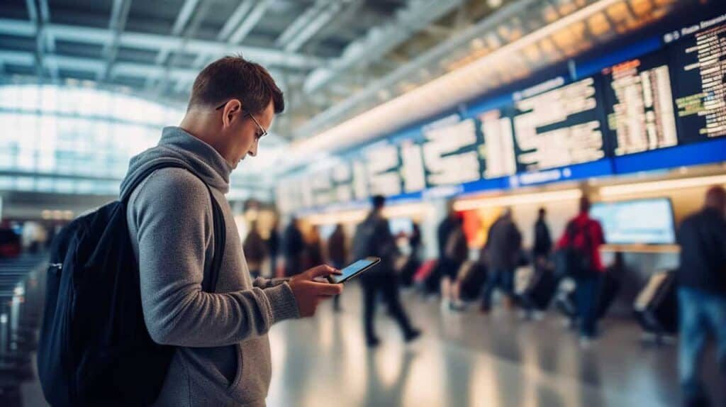 man booking flight on his phone