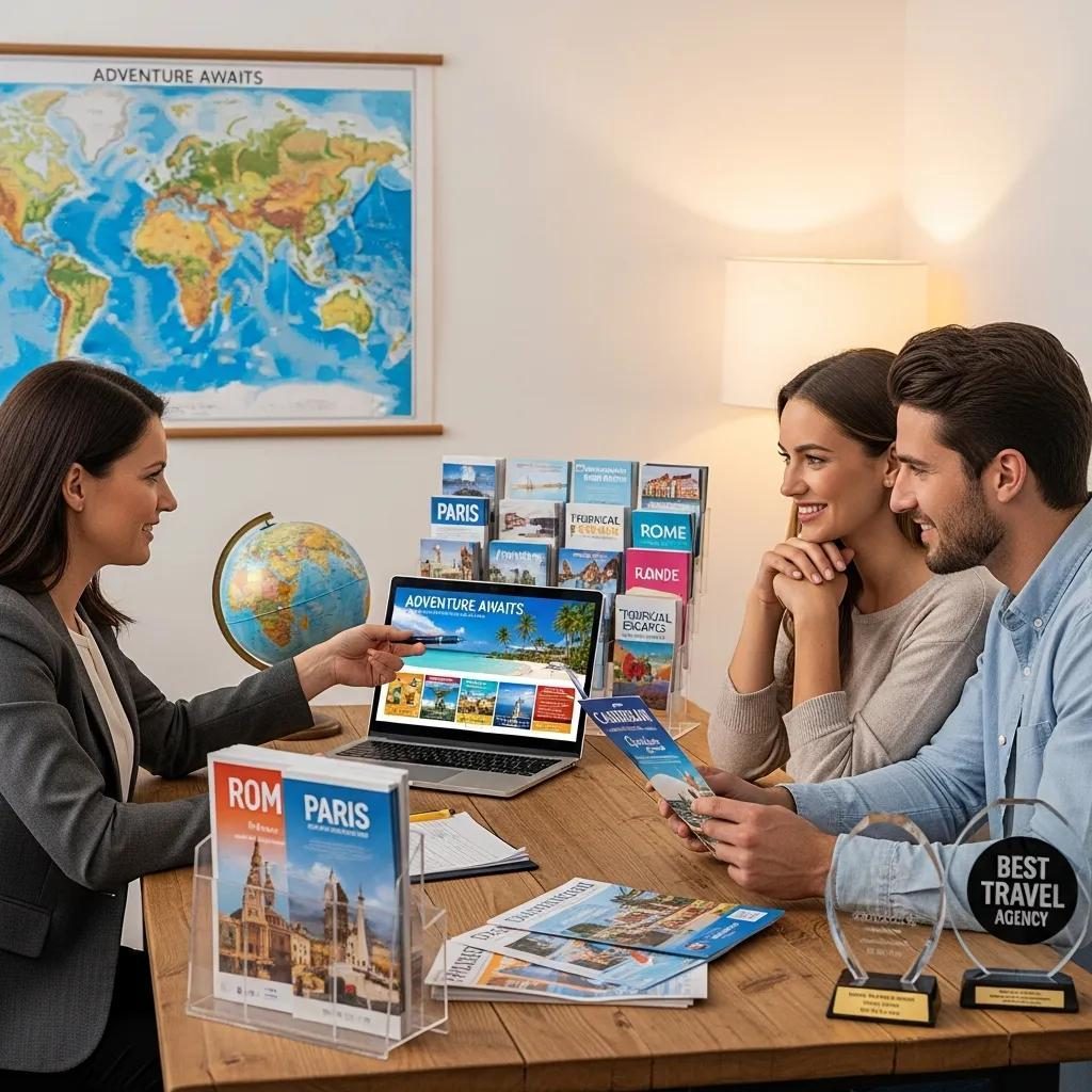Travel agent assisting a couple with vacation planning, highlighting the value of expert help in avoiding hidden costs.