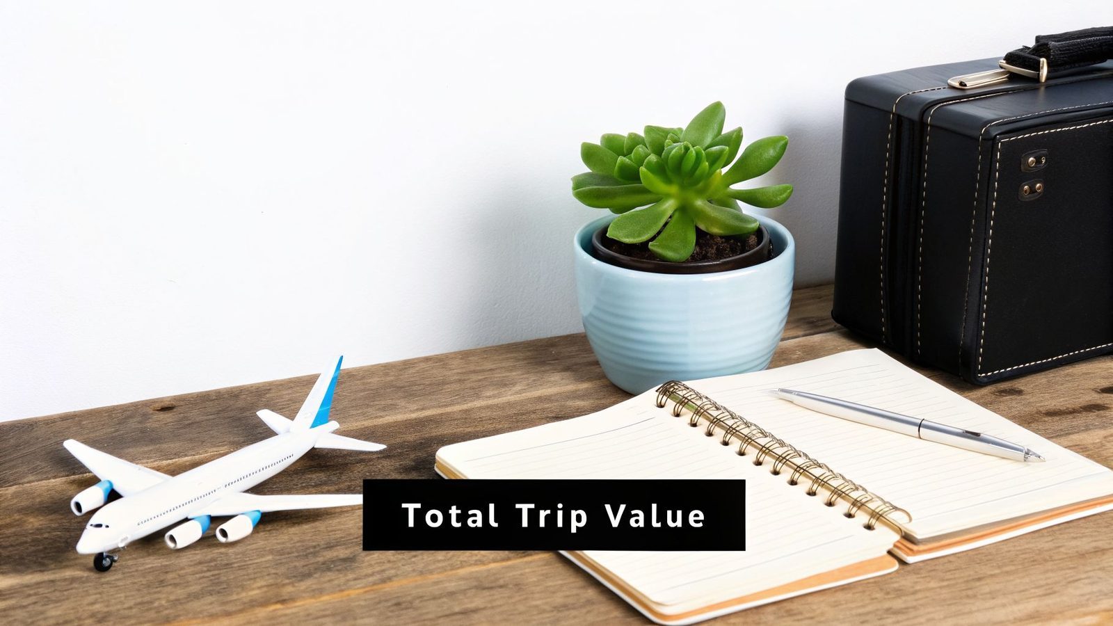 A toy airplane, open notebook with a pen, potted succulent, and small black suitcase on a wooden desk.