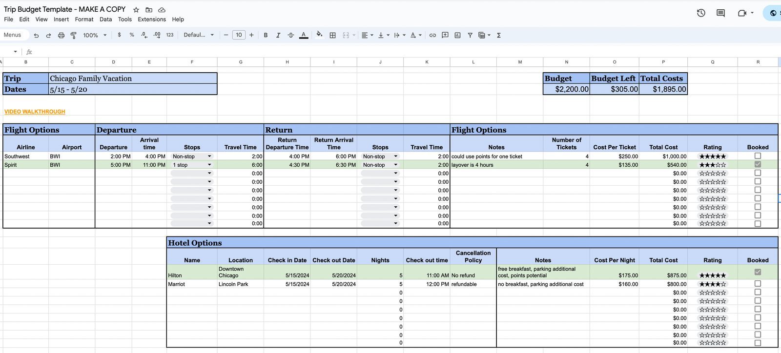 vacation budget calculator google sheet example