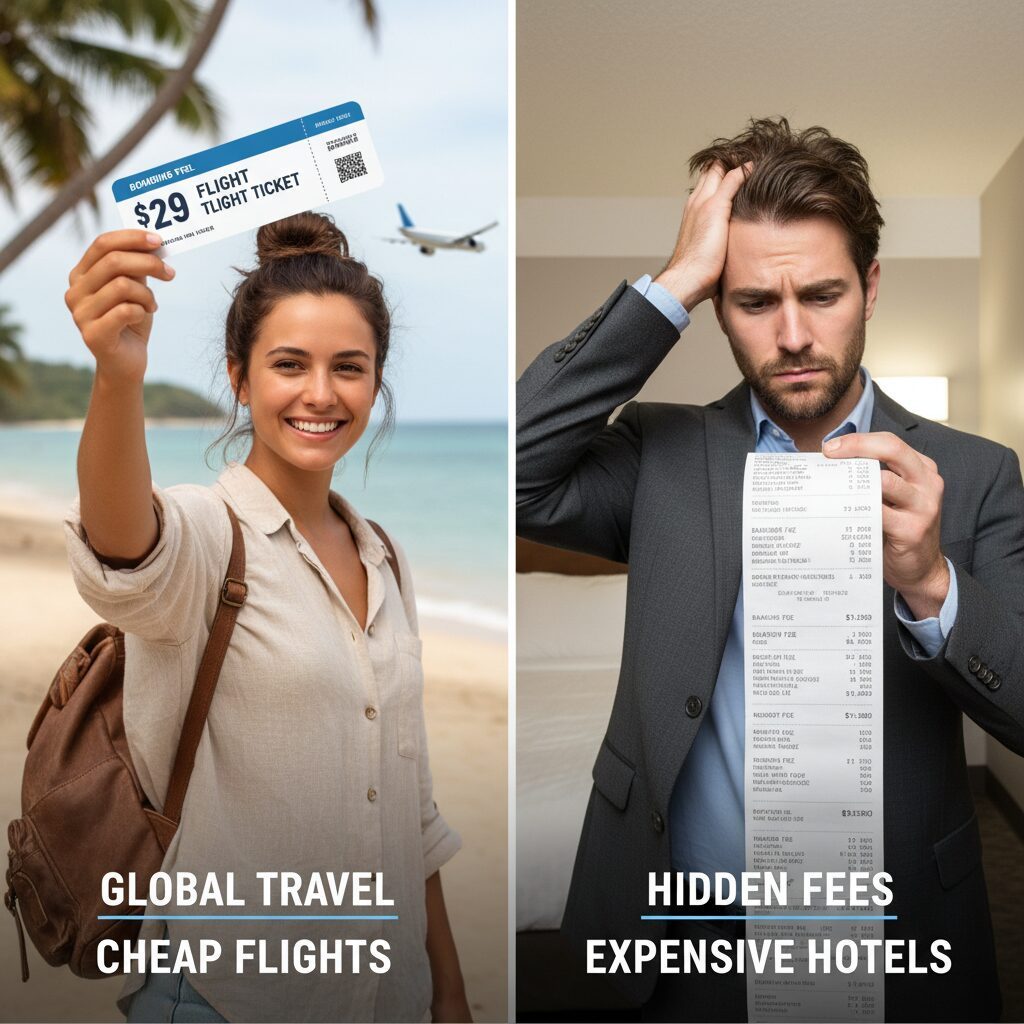 A split-screen graphic showing a smiling traveler holding a $29 ticket on one side, and a frustrated traveler looking at a receipt with a long list of add-on fees on the other side.