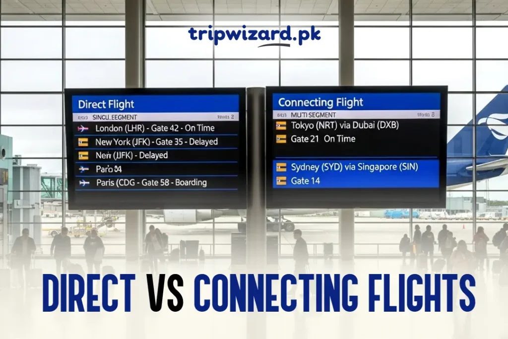 Illustration comparing direct and connecting flights