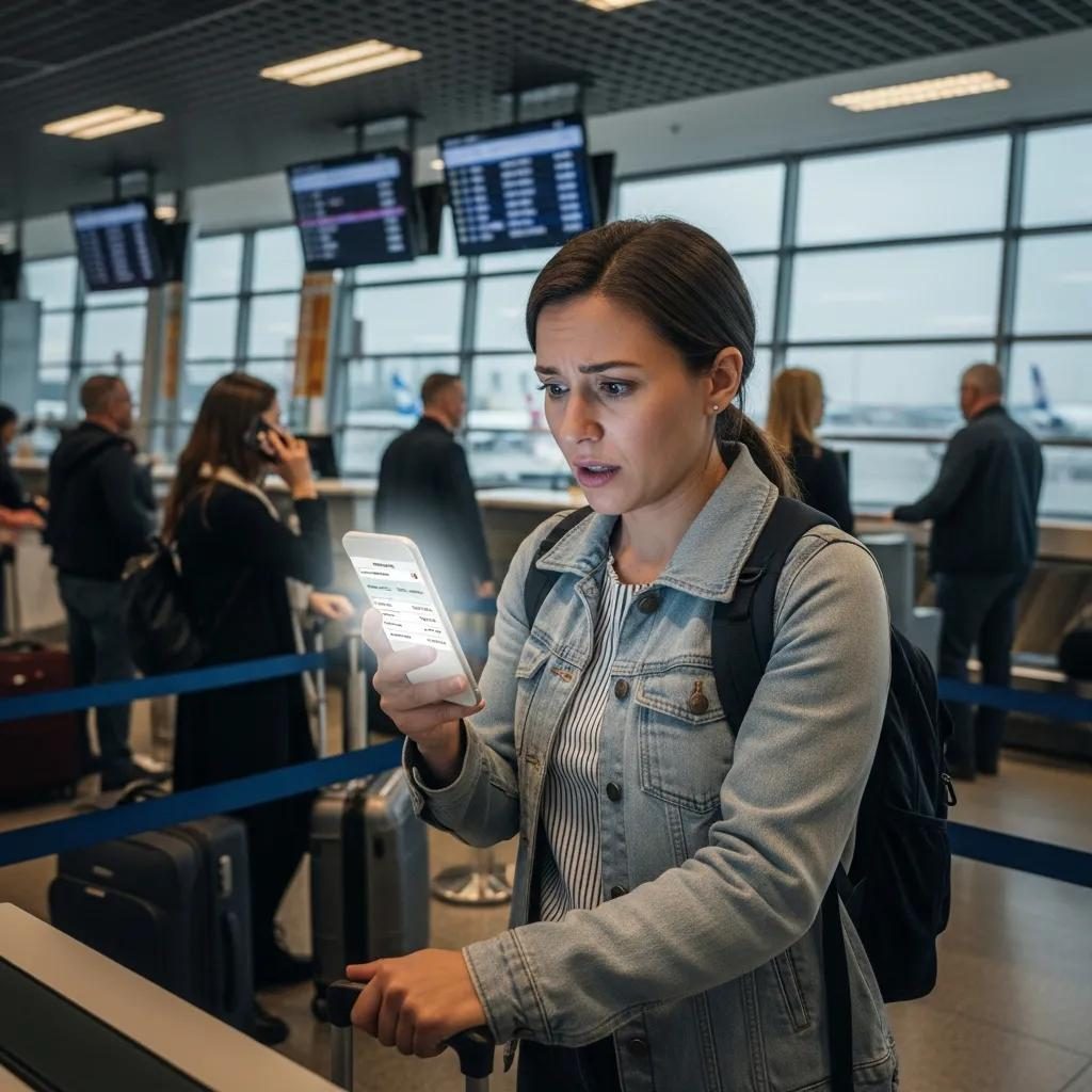 Frustrated traveler at airport discovering unexpected airline fees on smartphone, amidst check-in lines and digital flight displays.