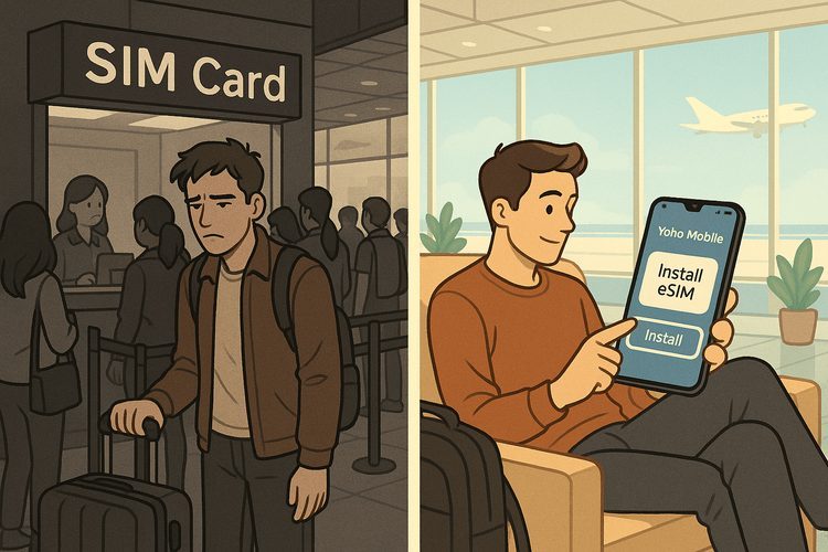 A visual comparison showing the convenience of activating a Yoho Mobile eSIM versus waiting in line for a physical SIM card during a layover.