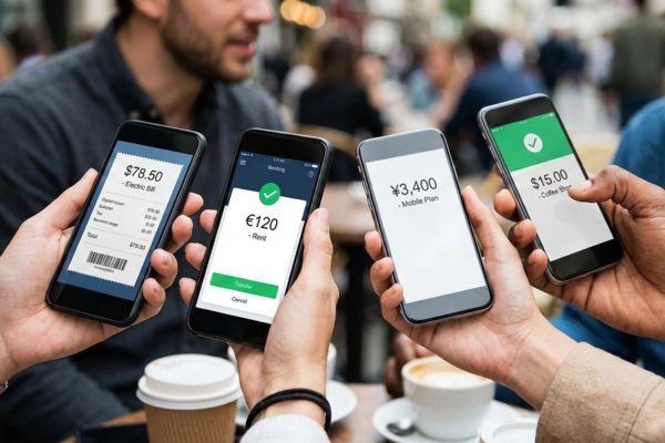 People holding smartphones showing digital payments and travel expense sharing while abroad.