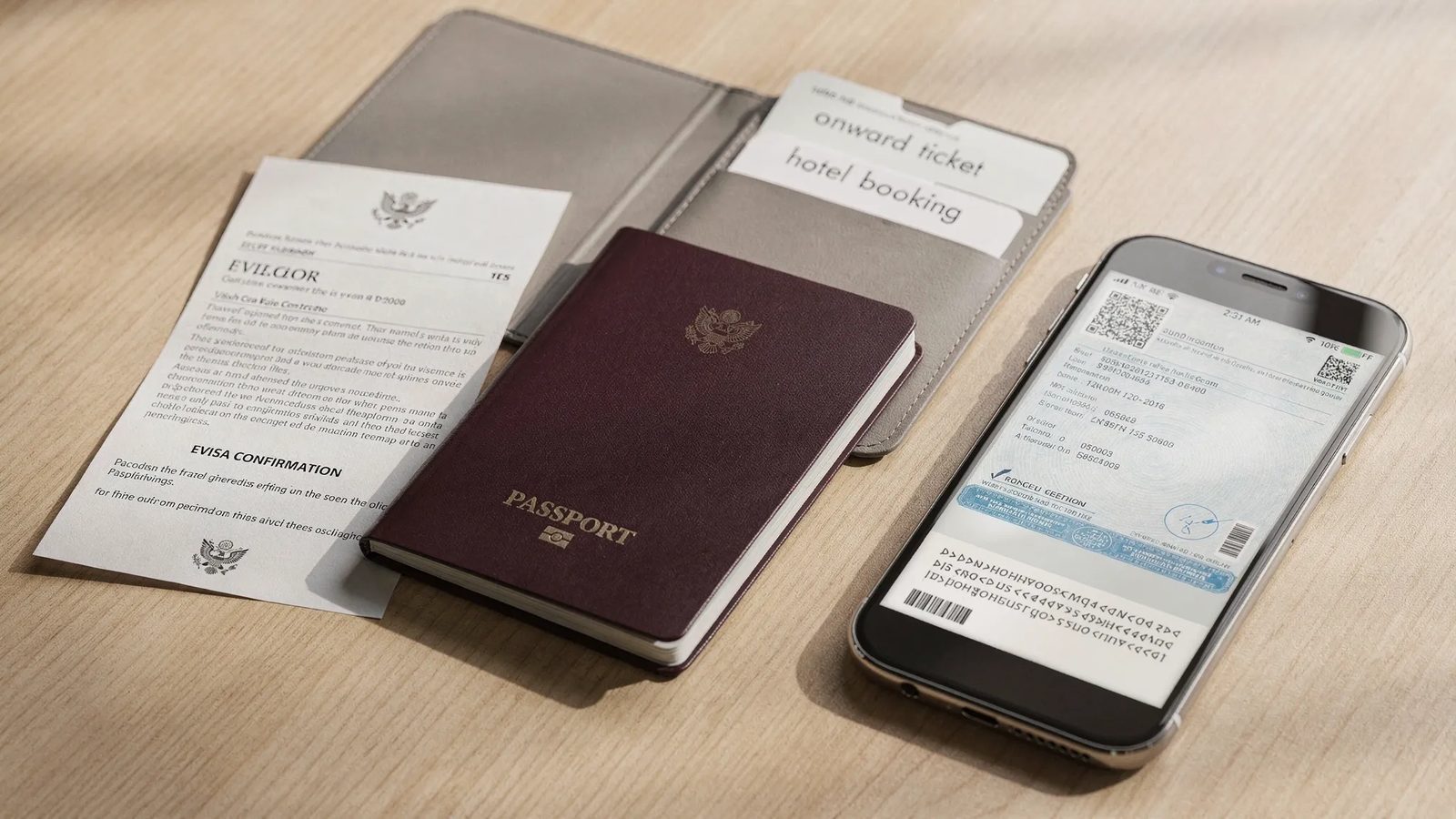 A neatly organized travel document pack on a table: a passport, printed eVisa confirmation page, phone displaying a digital PDF copy, and a folder labeled onward ticket and hotel booking.