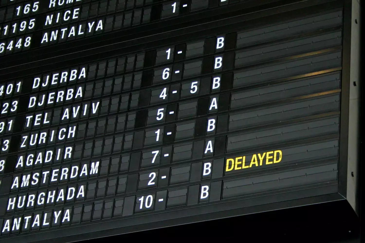 Airport departure board showing multiple flights and times, symbolizing complex itineraries and potential delays