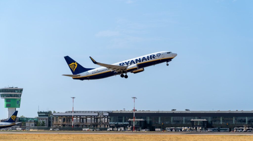 Ryanair Airline Plane Boeing 737-800 at flying at BGY Bergamo Milano International Airport