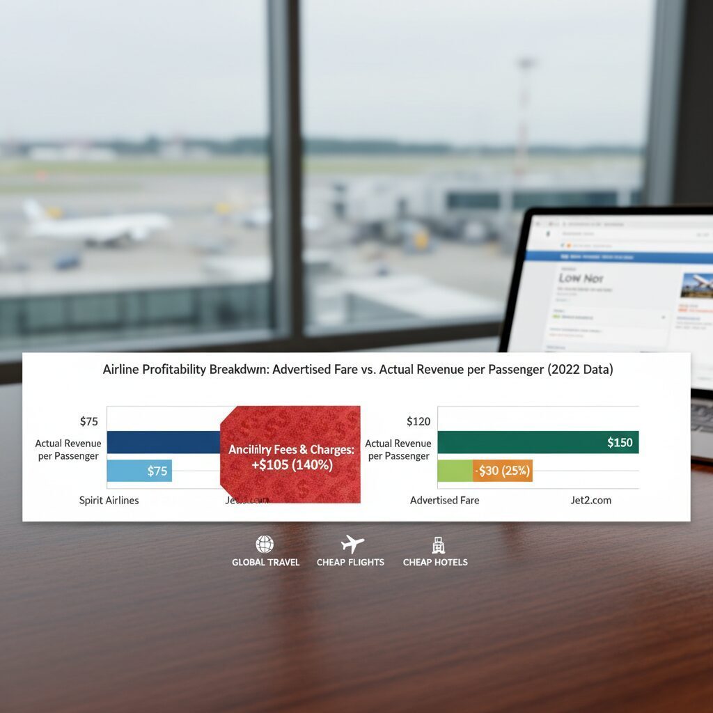 A bar chart comparing 'Advertised Fare' vs 'Actual Revenue per Passenger' for Spirit Airlines and Jet2.com, highlighting the massive portion made up of fees.